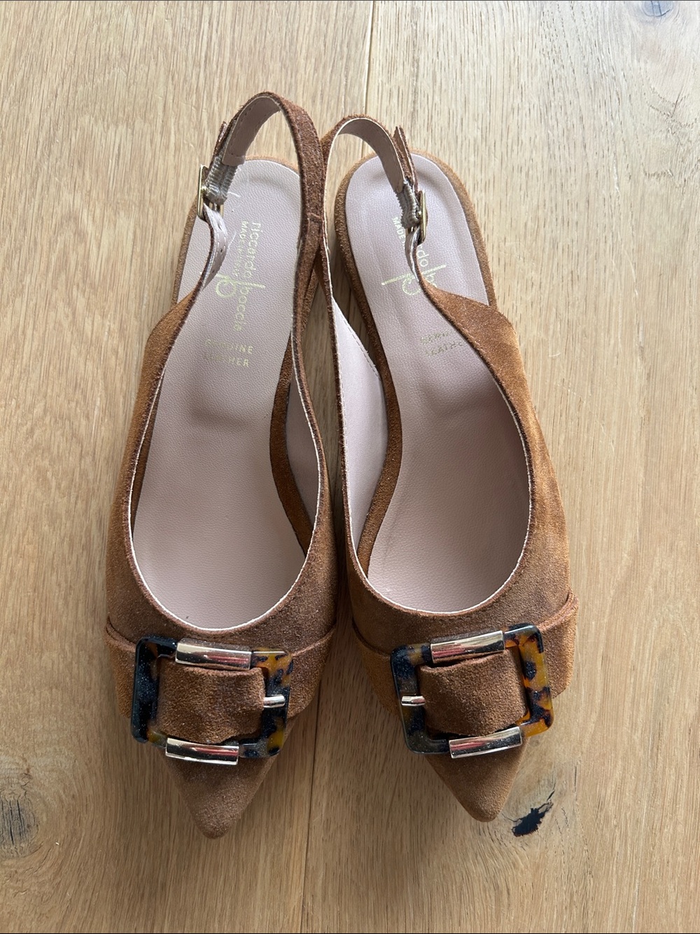 Suede Pointed Slingback Flats with Tortoiseshell Buckle - Brown